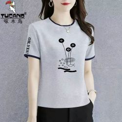啄木鸟 纯棉女士上衣夏季宽松显瘦中年新款韩版洋气正肩短袖t恤女