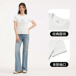 热风 女士白色短袖T恤上衣2026年夏季新款少女蝴蝶结图案短袖T恤