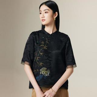 帕罗 立领斜襟花边暗纹重磅真丝短袖T恤