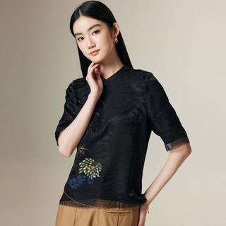 帕罗 立领斜襟花边暗纹重磅真丝短袖T恤