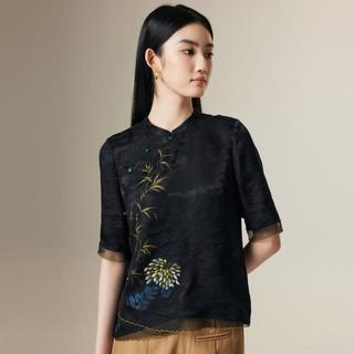 帕罗 立领斜襟花边暗纹重磅真丝短袖T恤