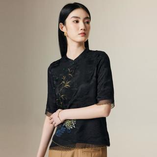 帕罗 立领斜襟花边暗纹重磅真丝短袖T恤