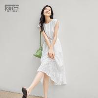 对白 新中式剪影印花无袖连衣裙