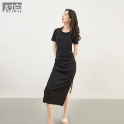 DUIBAI 针织短袖连衣裙女2026夏装薄款气质修身显瘦褶皱开叉t恤裙