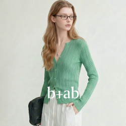 b+ab it b+ab2026春季新款绿色针织开衫女V领坑条修身显瘦单排扣打底衫