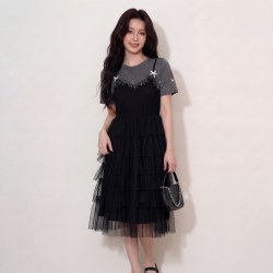 shezi 大码女装2026夏新款显瘦时尚减龄假两件拼色网纱蛋糕裙连衣裙