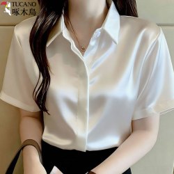啄木鸟 女士短袖缎面白衬衫 宽松显瘦上衣
