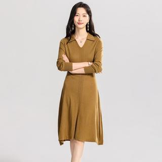 Sanpowa 羊毛翻领V领针织连衣裙
