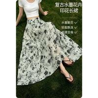 晚白 水墨玫瑰印花高腰大摆半身裙