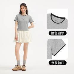 热风 女士撞色拼边蝴蝶结刺绣修身短袖T恤 09灰色 L
