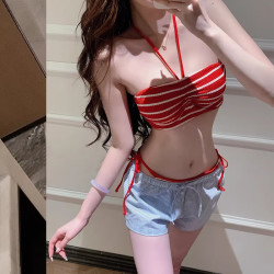 安与·洛施琪 ANU & LUOSHIQI 显白复古红条纹性感辣妹分体三件套比基尼