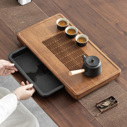茉舟 重竹茶盘日式家用抽屉式储水排水双用干泡盘大号茶台茶几茶桌沥水 重竹储水茶盘-黄铜脚垫（小号）