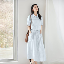 DUIBAI 浪漫女孩镂空拼接套装裙女2024夏季短袖衬衫半身裙两件套 海盐蓝（6月20日） XL
