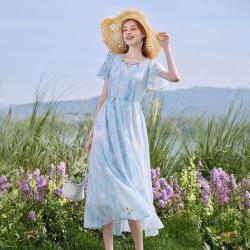 香影 晕染短袖连衣裙女2026夏季法式碎花仙女裙刺绣雪纺裙