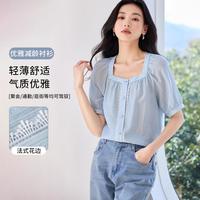 韩都衣舍 法式方领蕾丝边优雅薄衬衫女2026年夏透气减龄百搭显瘦短袖