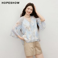 红袖 印花串珠织带系带荷叶边V领七分袖女士衬衫