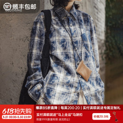 马登 美式复古藏青色格子纹翻领宽松磨毛长袖休闲衬衫上衣外套女春