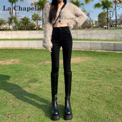 拉夏贝尔 黑色高腰小脚牛仔裤女新款2026夏季弹力显瘦紧身铅笔裤子