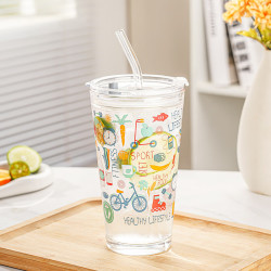 青苹果 玻璃吸管水杯 健康生活 500ml 透明