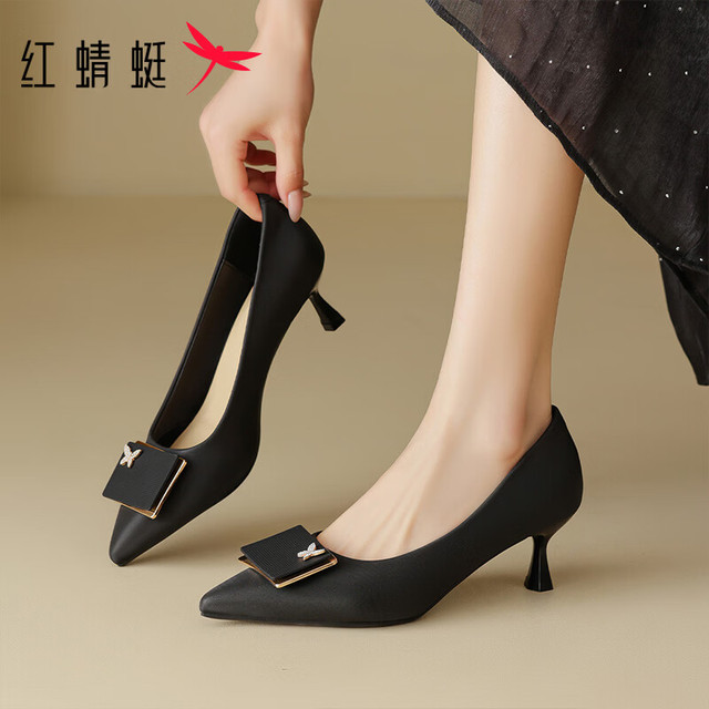 红蜻蜓 女鞋尖头方扣高跟鞋 一脚蹬细高跟小皮鞋百搭优雅休闲女士单鞋子