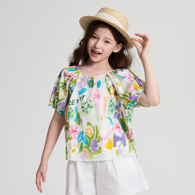 笛莎 女童夏季新款宝宝儿童泡泡袖印花棉布衬衫-93262CL01
