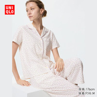 优衣库 AIRism棉混纺 女装短袖七分裤睡衣套装 乳白色 M