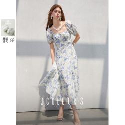 三彩 女士碎花连衣裙 法式方领收腰A字裙泡泡袖长裙 S