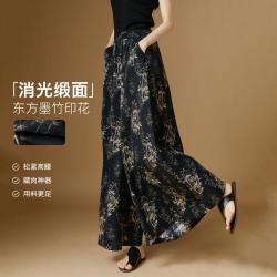 晚白 2026夏新款印花松紧腰阔腿休闲裤女