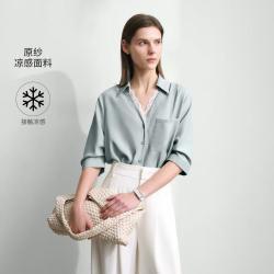 AMII 2025秋季通勤翻领拼蕾丝衬衫女五分袖宽松上衣