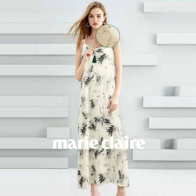 Marie Claire 女士竹叶碎花法式宽松吊带连衣裙