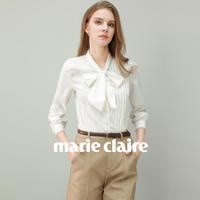 Marie Claire 白色衬衫女秋冬季长袖2024飘带衬衣打底高级感蝴蝶结上衣