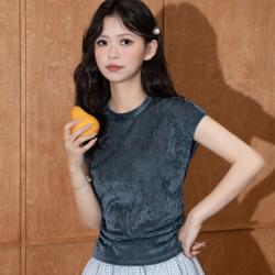 DEBRAND 小飞袖丝绒T恤女高级感网纱上衣褶皱收腰显瘦短袖t裇女