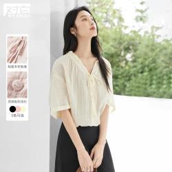 DUIBAI 夏装法式木耳边V领女式雪纺衬衫优雅宽松轻薄短袖上衣