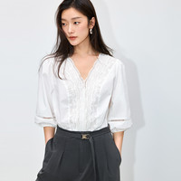 LILY 法式花边V领泡泡袖雪纺衫