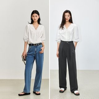 LILY 法式花边V领泡泡袖雪纺衫