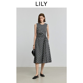 丽丽 LILY2026夏新款复古黑白格纹无袖圆领收腰背心连衣裙126249C7E80