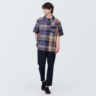 無印良品 MUJI 马德拉斯格纹开领短袖衬衫