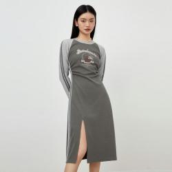 乐町 开叉针织连衣裙春秋拼接插肩设计修身女生显瘦长裙