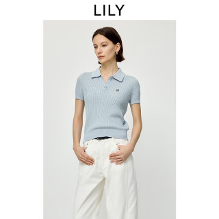 LILY 断码，超值，LILY2026夏新款含莱赛尔亚麻简约POLO领休闲通勤短袖针织衫女短款 401蓝色 S