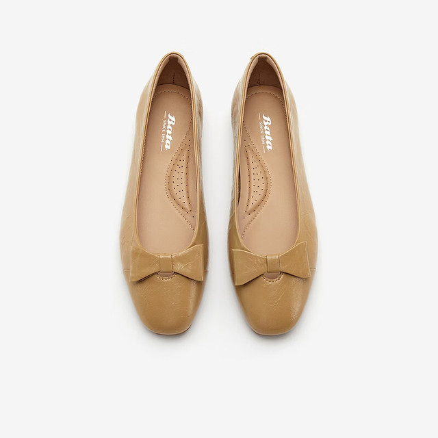 Bata 浅口单鞋女2026春季优雅经典软底羊皮单鞋ART48AQ6 杏色