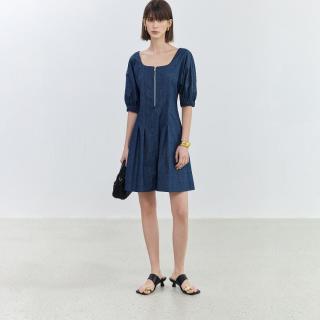 LILY 气质复古方领连衣裙女夏季中长款小个子
