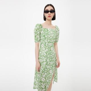 LILY 女士夏季浪漫碎花法式复古方领气质泡泡袖高腰连衣裙