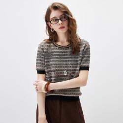 科蒙博卡 女士亚麻T恤 明艳小香风提花短袖条纹针织衫