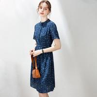 兔皇 桑蚕丝100%春夏真丝碎花小立领短袖休闲通勤真丝连衣裙