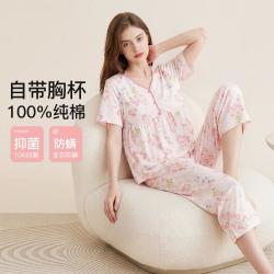 芬腾 7A抑菌睡衣女士纯棉套头七分裤花卉家居服套装