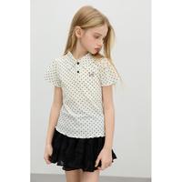 ELLE kids 女童夏季满印 Polo衫 荷叶边短袖T恤猫咪刺绣透气亲肤上衣