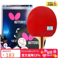 Butterfly 五星乒乓球拍横拍 双面反胶皮比赛底板502成品单拍 内附拍套