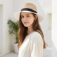ZARA 女式英伦黑织带拉菲草手工编织宽檐遮阳休闲草帽