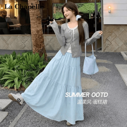 拉夏贝尔 蓝色高腰蛋糕裙女2026年夏季新款宽松显瘦小个子甜美风a字半身裙