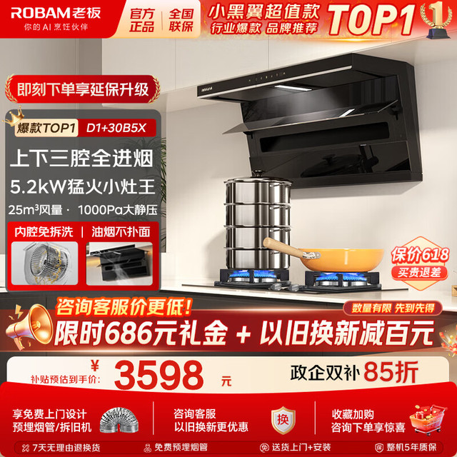 老板 小黑翼顶侧双吸油烟机灶具套装 D1+5.2KW经典小灶王30B5X